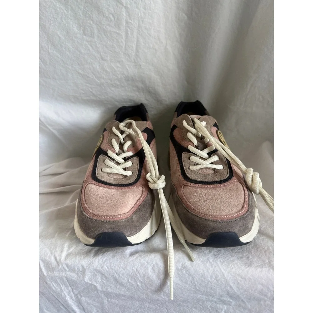 Tory Burch Good Luck Trainer Sneakers Pink Brown Suede Colorblock Logo Shoes